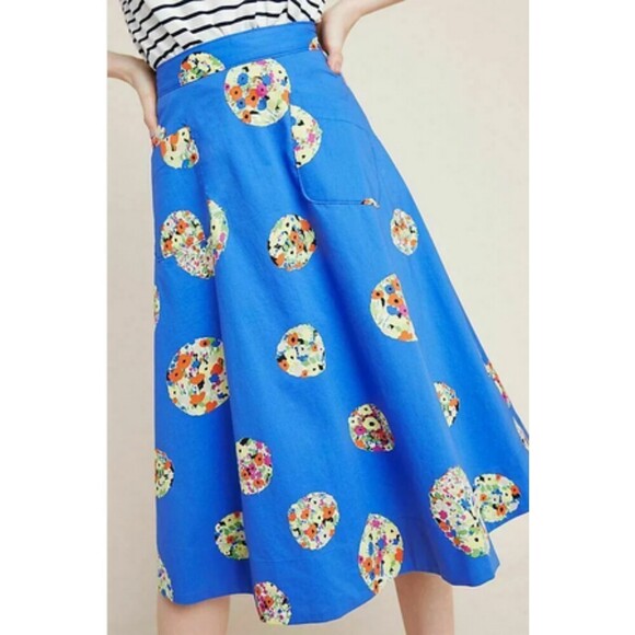 Anthropologie Blue Floral Printed Pattern A-Line Cotton Midi Skirt (NWT) - Picture 2 of 5
